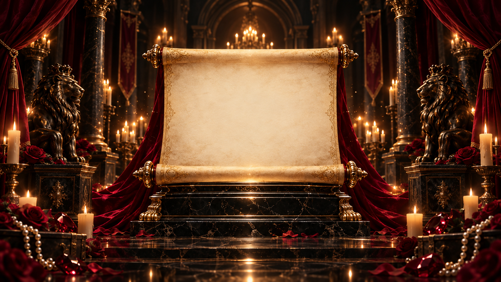An ornate Palace scroll resting on a ceremonial stand between red curtains, roses, pearls, candles, and regal lions