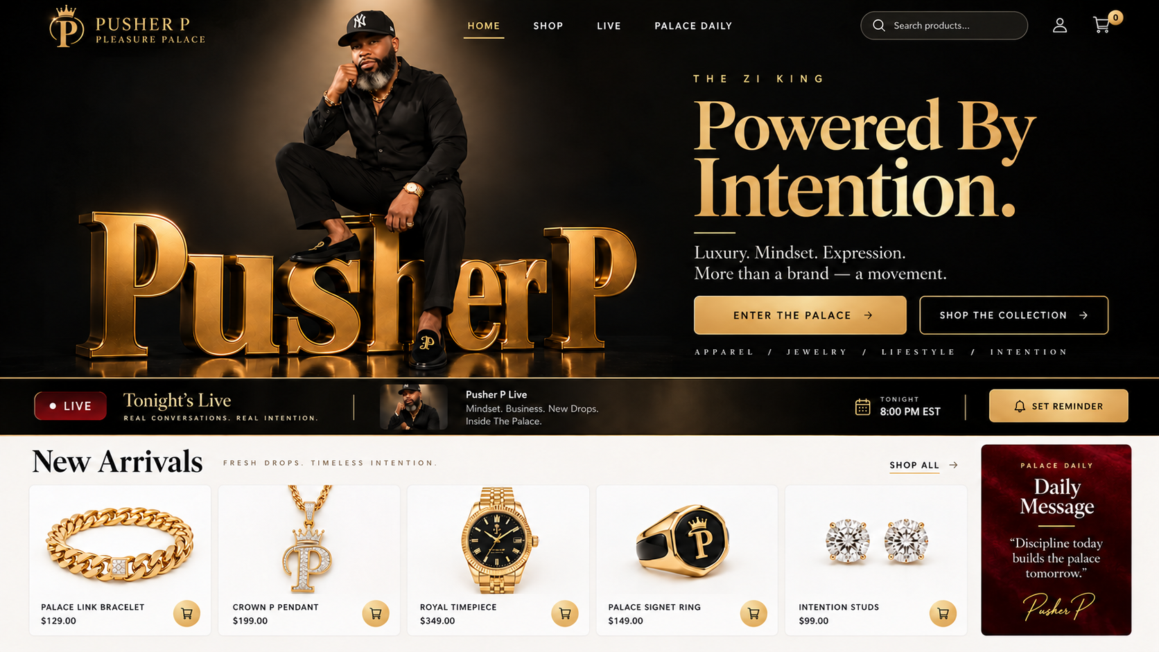 CJ, the Zi King, seated above the gold Pusher P sculpture
