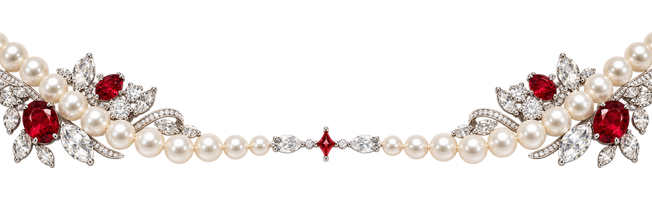 Pearls, diamonds and red gemstones